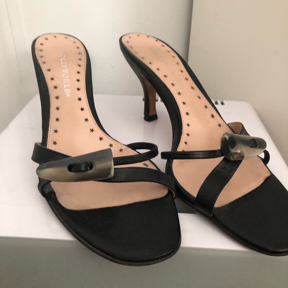 Hollywould Black Leather Slide on Heels